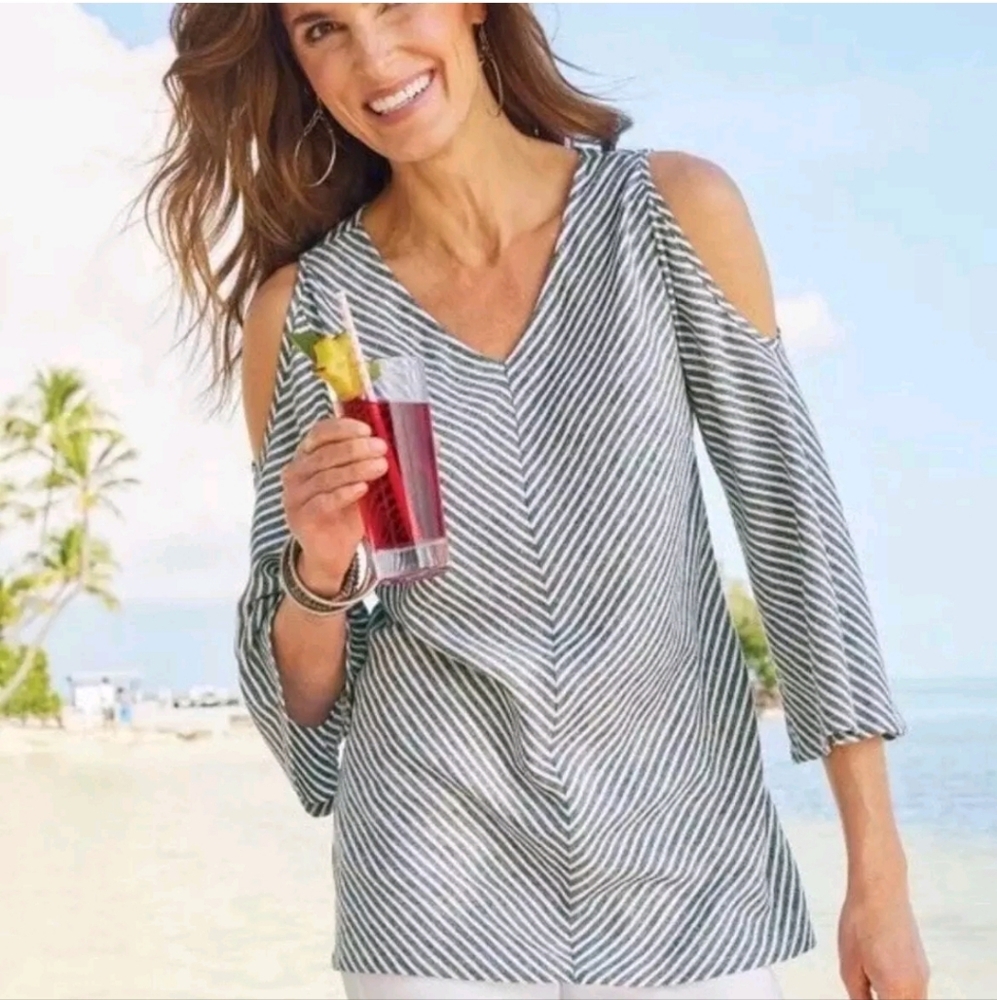 Soft Surroundings Rose Pink Stripe Landfall Cold Shoulder Tunic Top Size Large